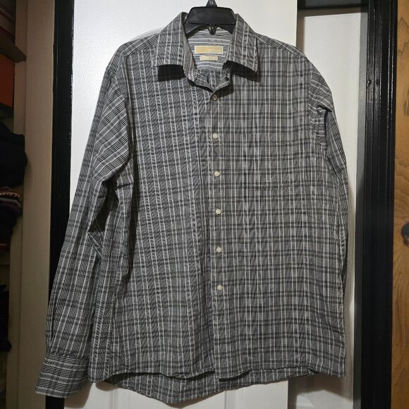 MICHAEL Michael Kors Men's Black Plaid Button Down Shirt - Regular Fit - Large - Picture 1 of 8